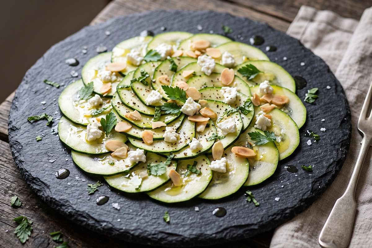 Carpaccio di Zucchine Marinate con Mandorle e Feta