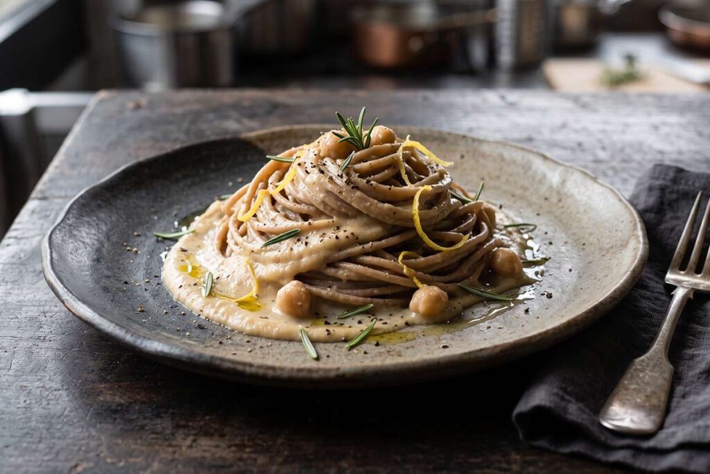 Spaghetti integrali con Crema di Ceci, Rosmarino e Limone
